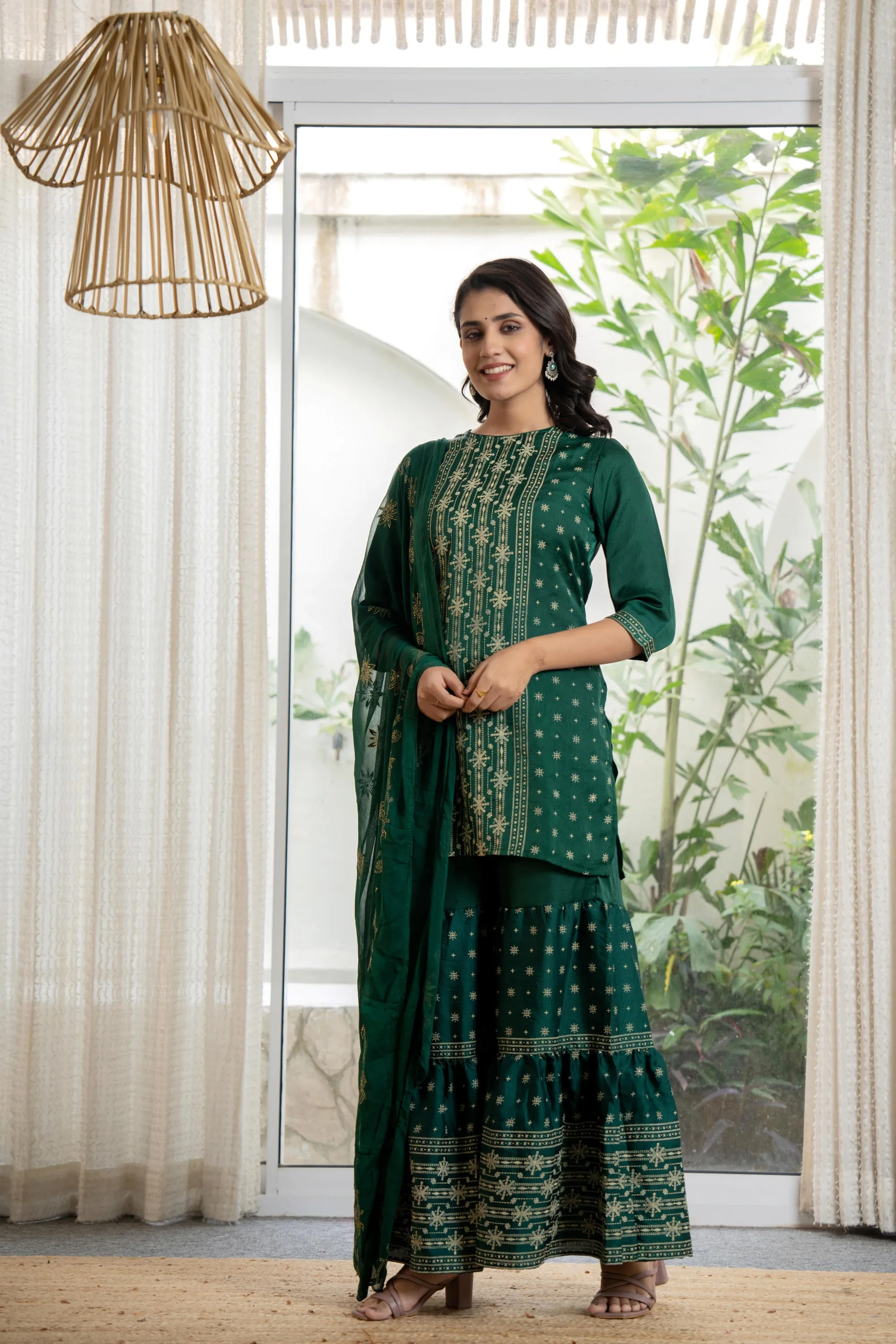 Green mono viscose embroidered tunic, sharara, and poly chanderi dupatta