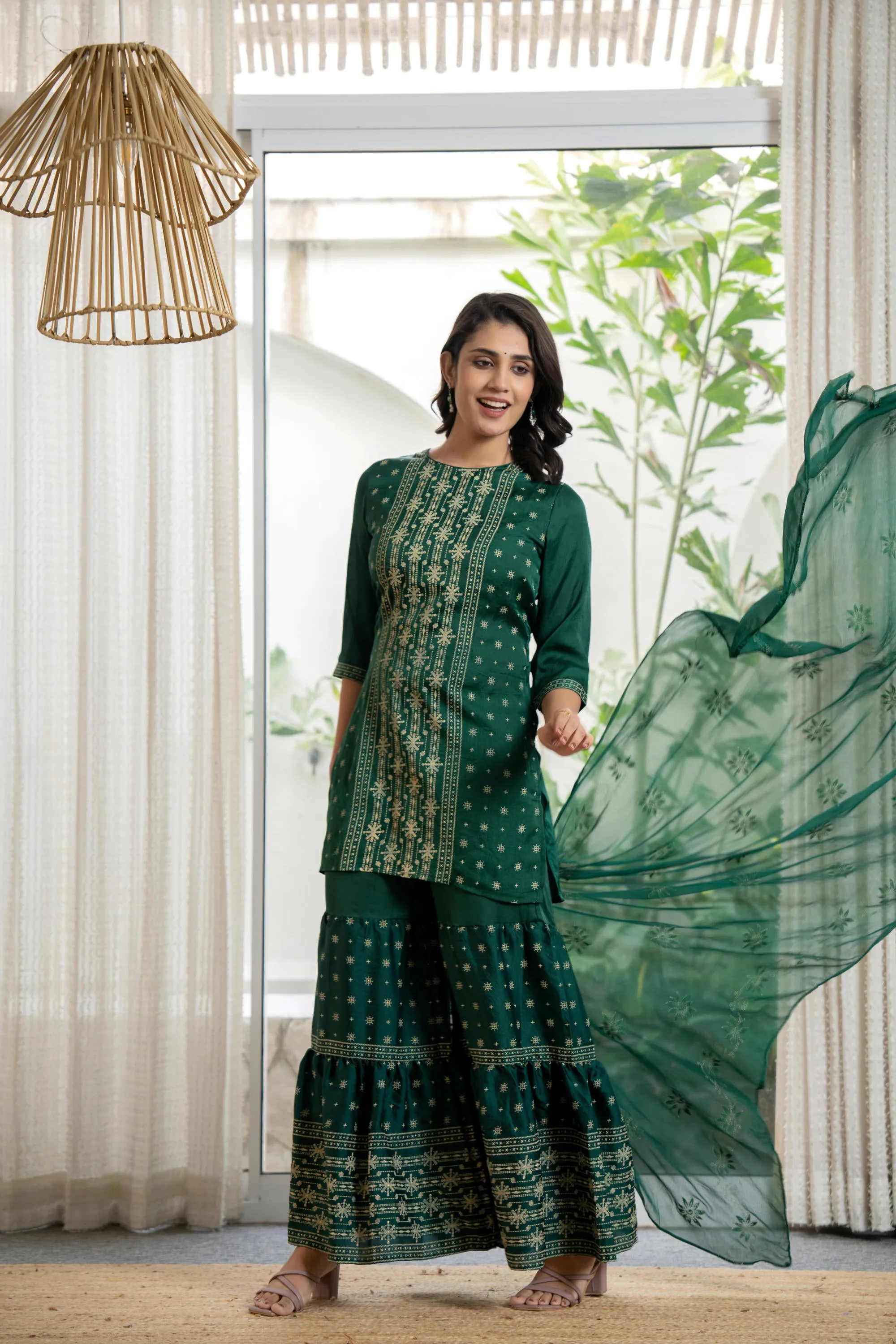 Green mono viscose embroidered tunic, sharara, and poly chanderi dupatta