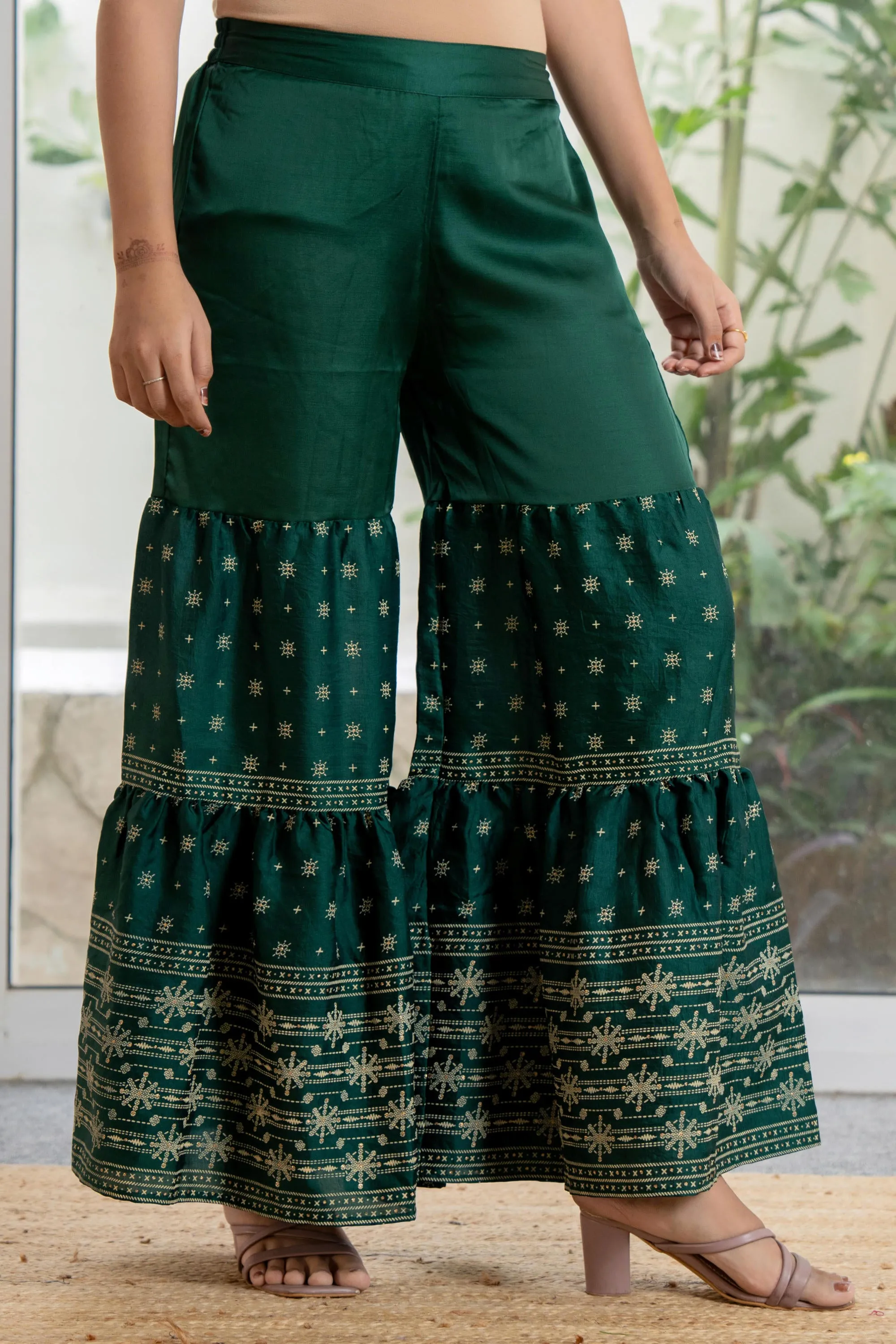 Green mono viscose embroidered tunic, sharara, and poly chanderi dupatta