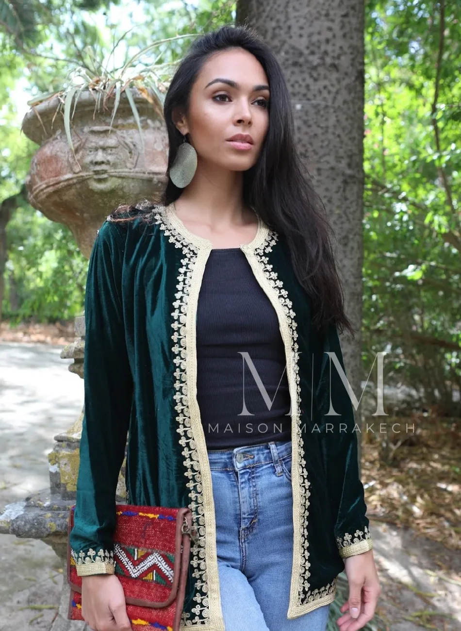 Green Velvet Luxury Bohemian Jacket with Black Embroidery- bohemian Jacket