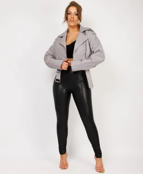 Grey Faux Leather Cropped Belted Biker Jacket