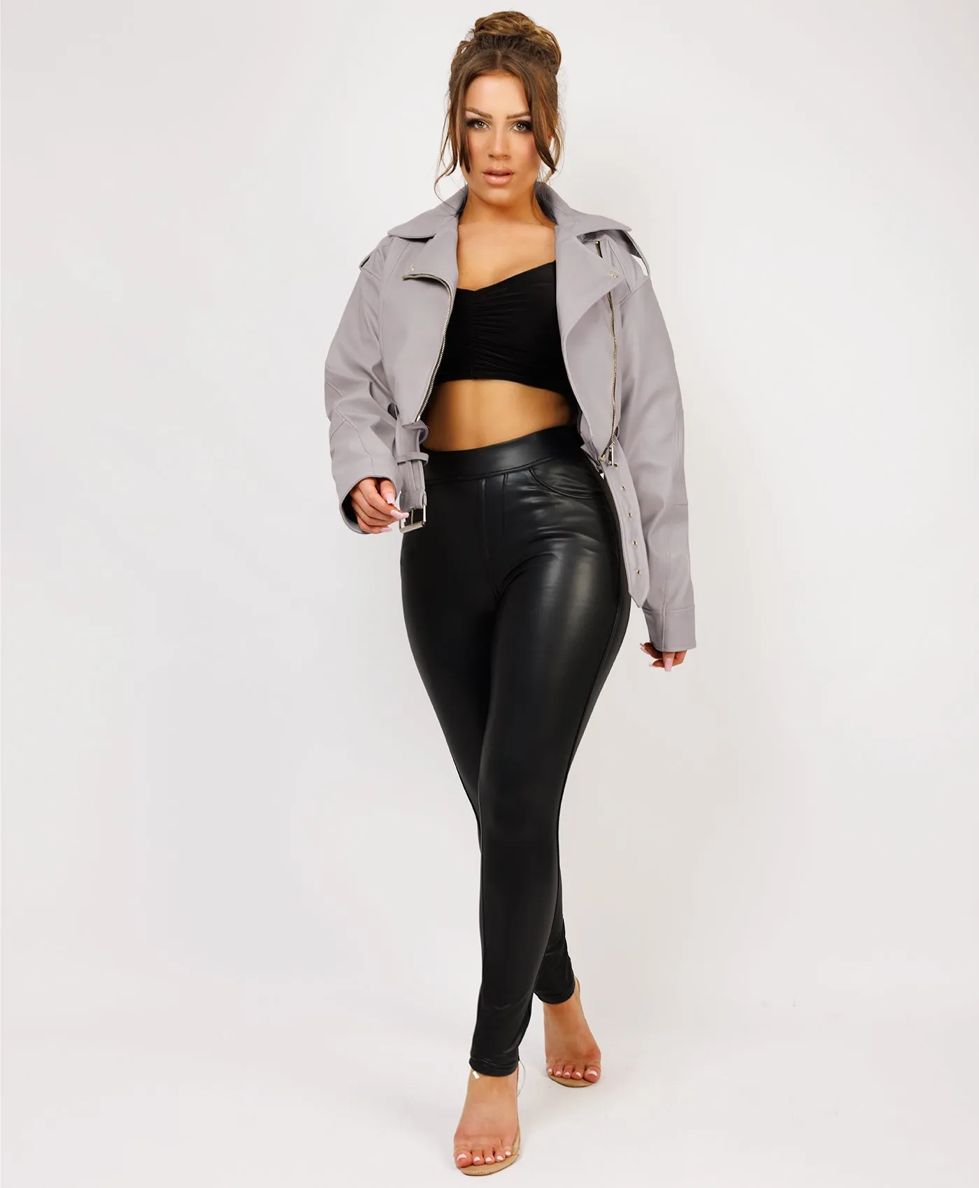 Grey Faux Leather Cropped Belted Biker Jacket