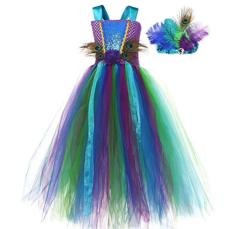 Halloween cosplay costume Peacock Fairy Dress Girl's sequined suspender mesh princess dress Carnival Birthday Banquet Halloween Dress Dress