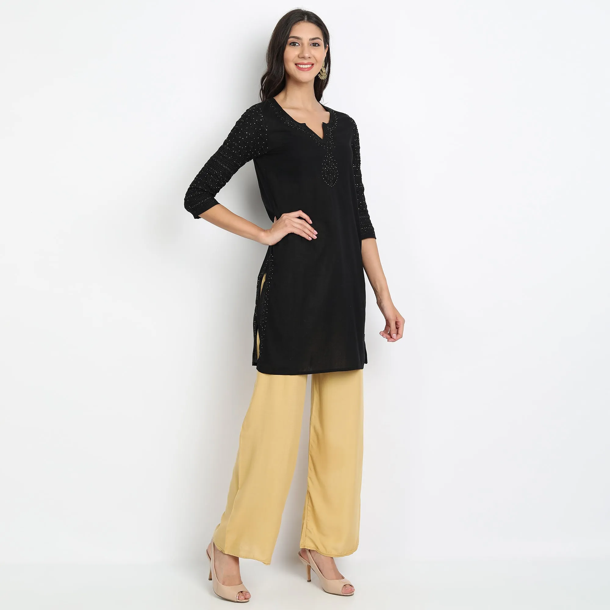 Hand embroidery Chikankari tunic-Black