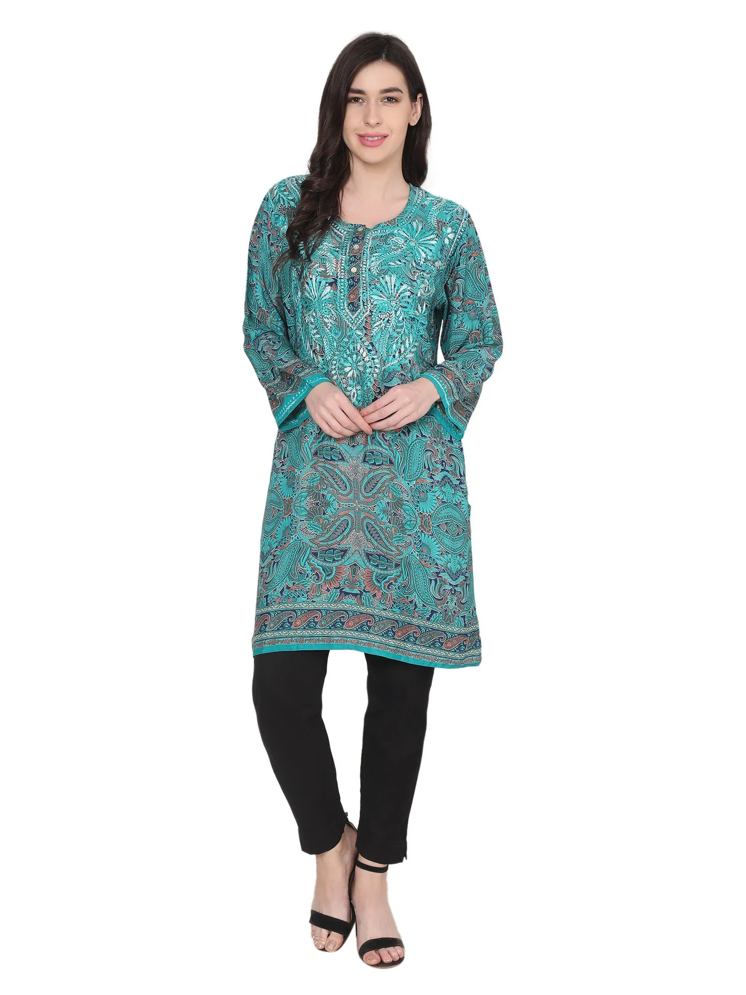 Hand embroidery Chikankari Tunic-Sky Blue & White