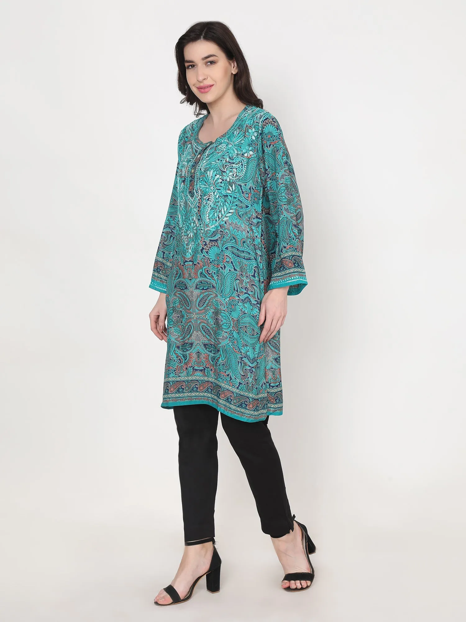 Hand embroidery Chikankari Tunic-Sky Blue & White