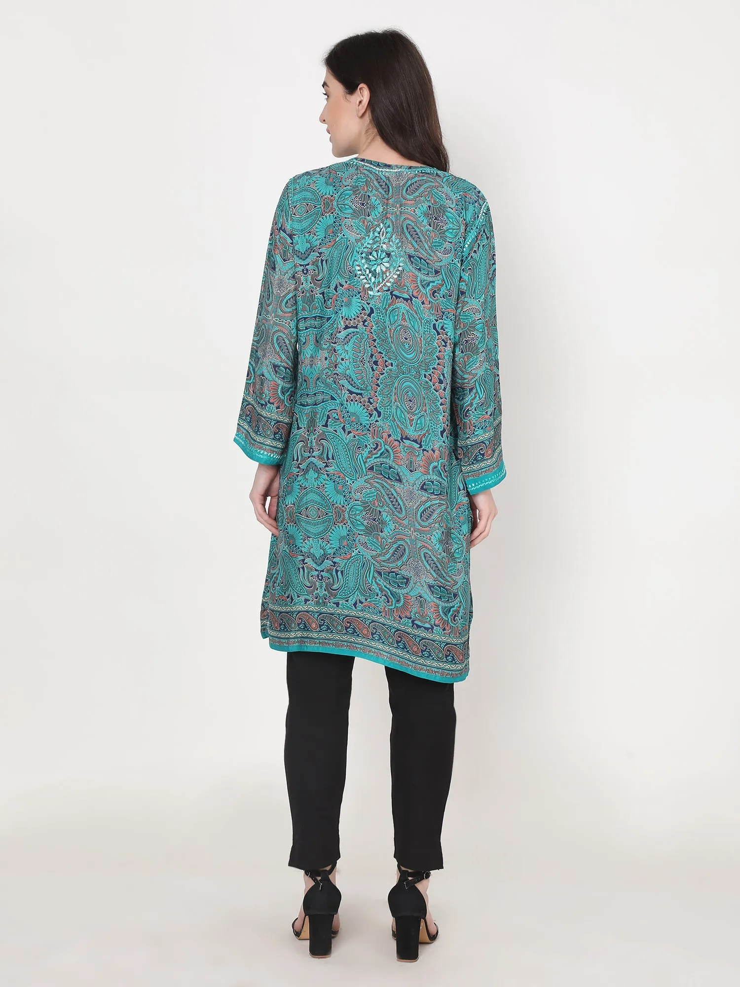 Hand embroidery Chikankari Tunic-Sky Blue & White