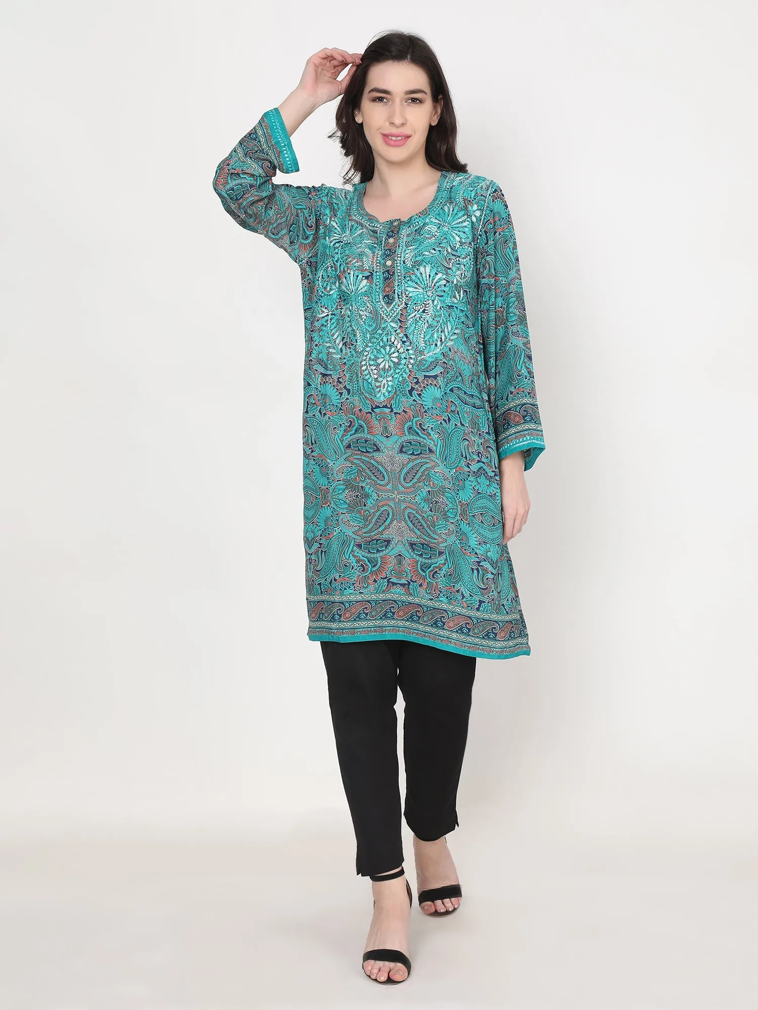 Hand embroidery Chikankari Tunic-Sky Blue & White