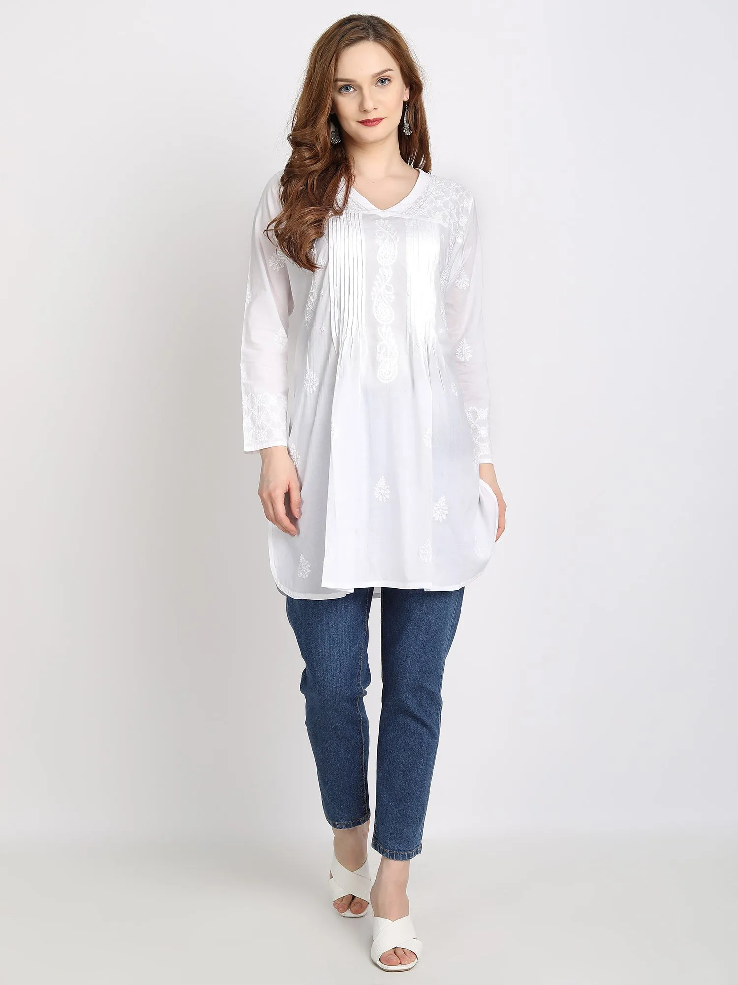 Hand embroidery Chikankari tunic-White