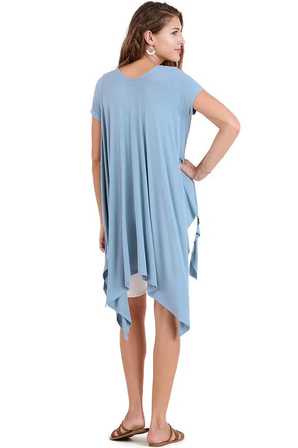 Handkerchief Hem Short Sleeve Tunic Top, Blue