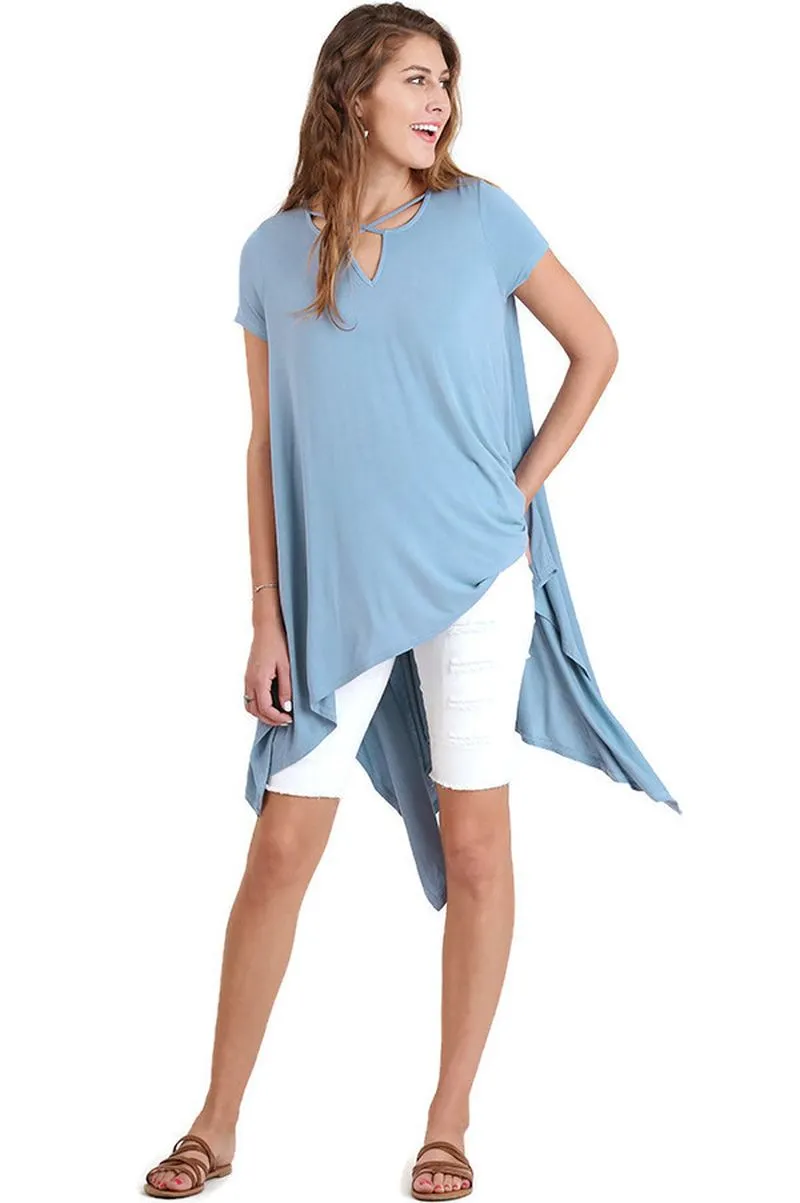 Handkerchief Hem Short Sleeve Tunic Top, Blue