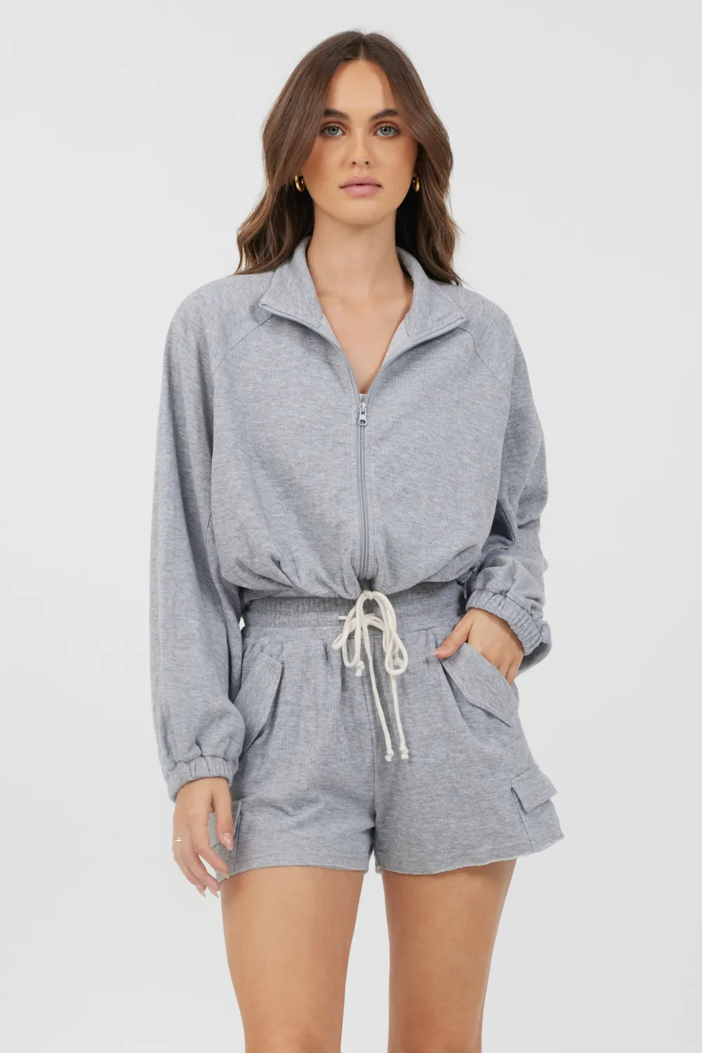 Heather Grey Bounded Textured Jersey Zip Up W/ Tie