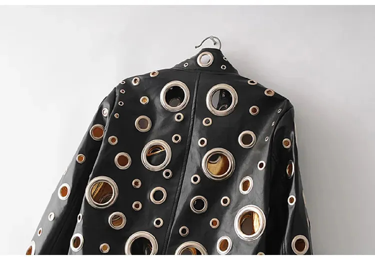 HEYFANCYSTYLE Couture Hole-Punched Cropped Leather Jacket