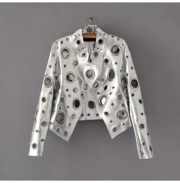 HEYFANCYSTYLE Couture Hole-Punched Cropped Leather Jacket