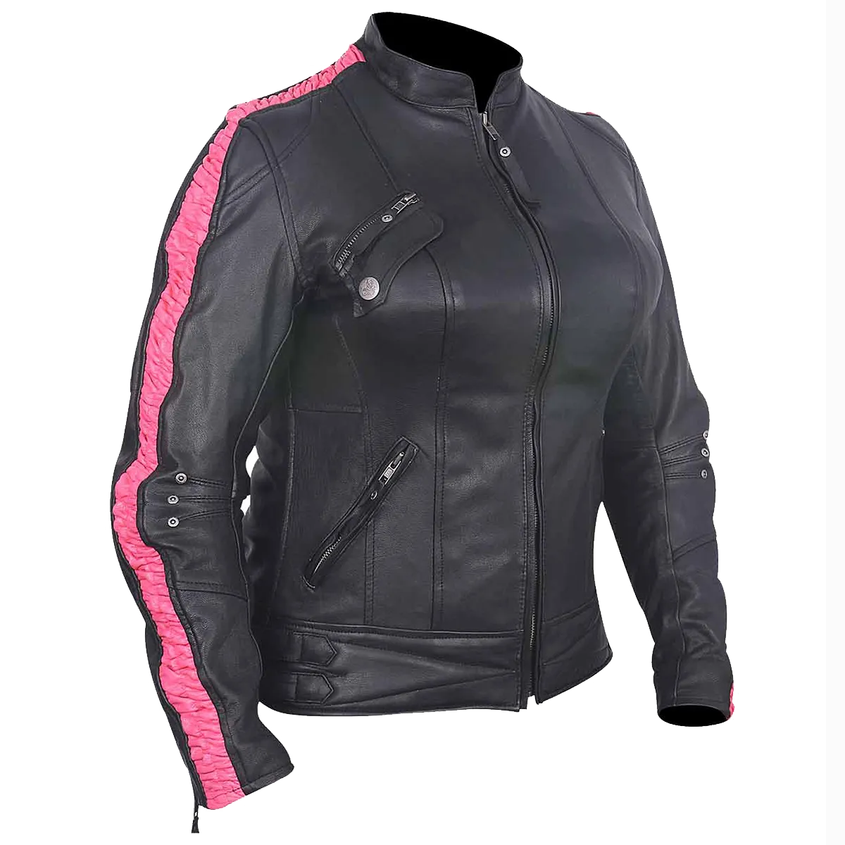 HML633 Ladies Premium Leather Jacket w/Scrunch Sides (available w/black, purple or fuchsia)