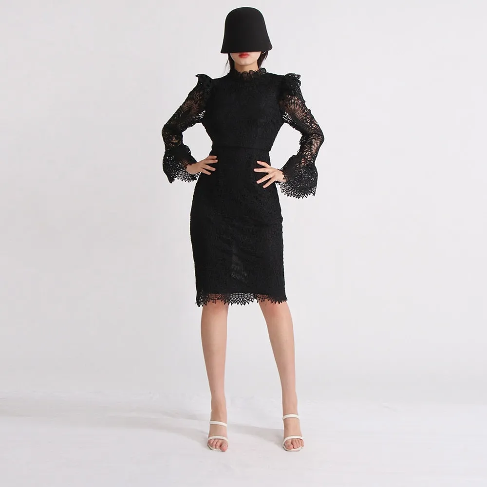 Hollow Out Minimalist Dresses For Women Stand Collar Long Sleeve High Waist Tunic Elegant Dress Female Fashion