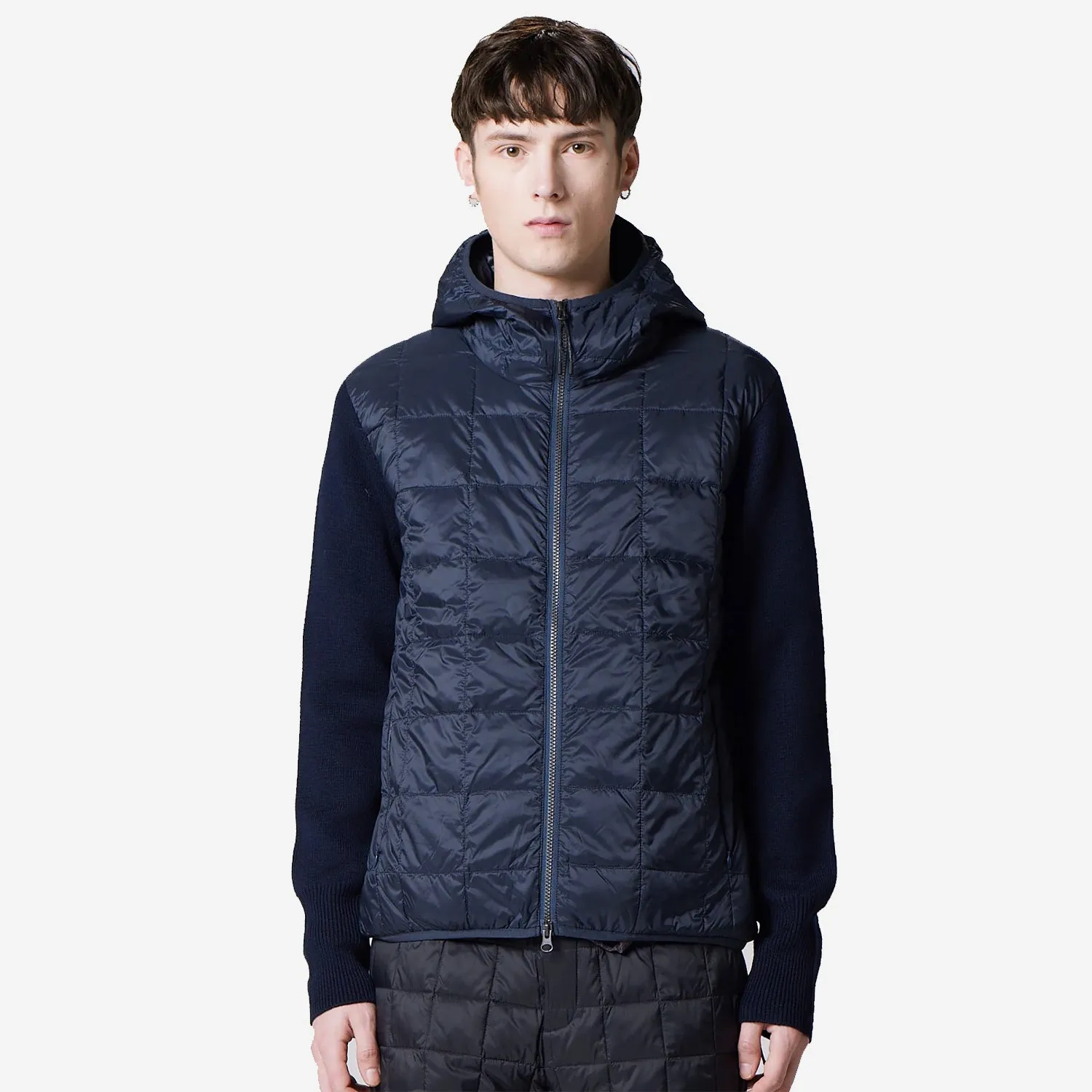 Hooded Zip Knit Sleeve Down Jacket - Navy