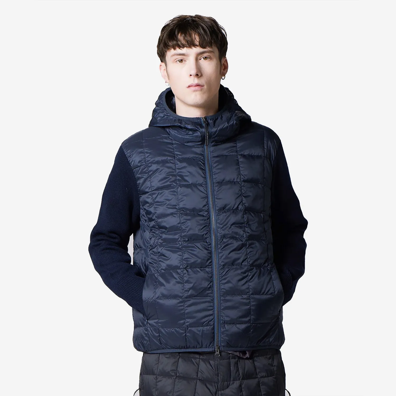 Hooded Zip Knit Sleeve Down Jacket - Navy