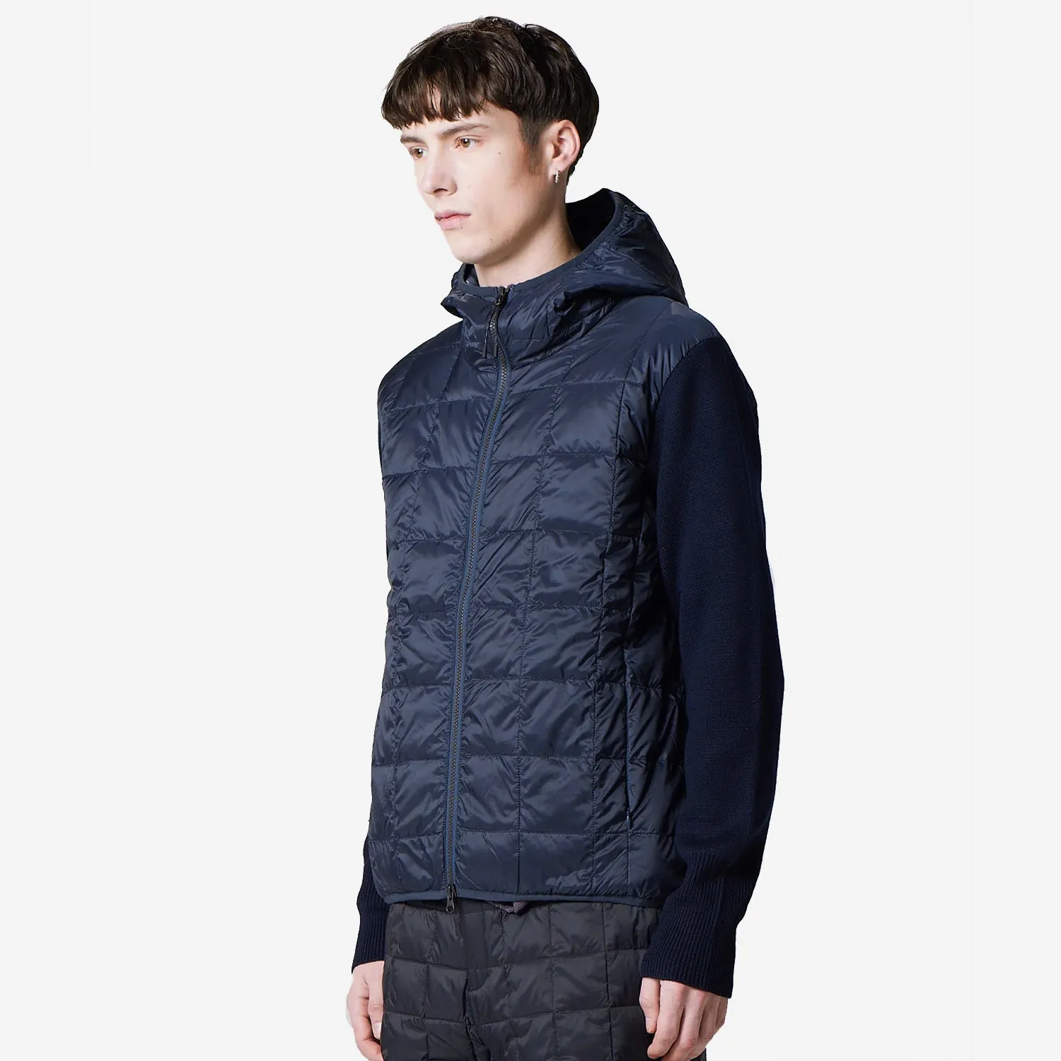 Hooded Zip Knit Sleeve Down Jacket - Navy