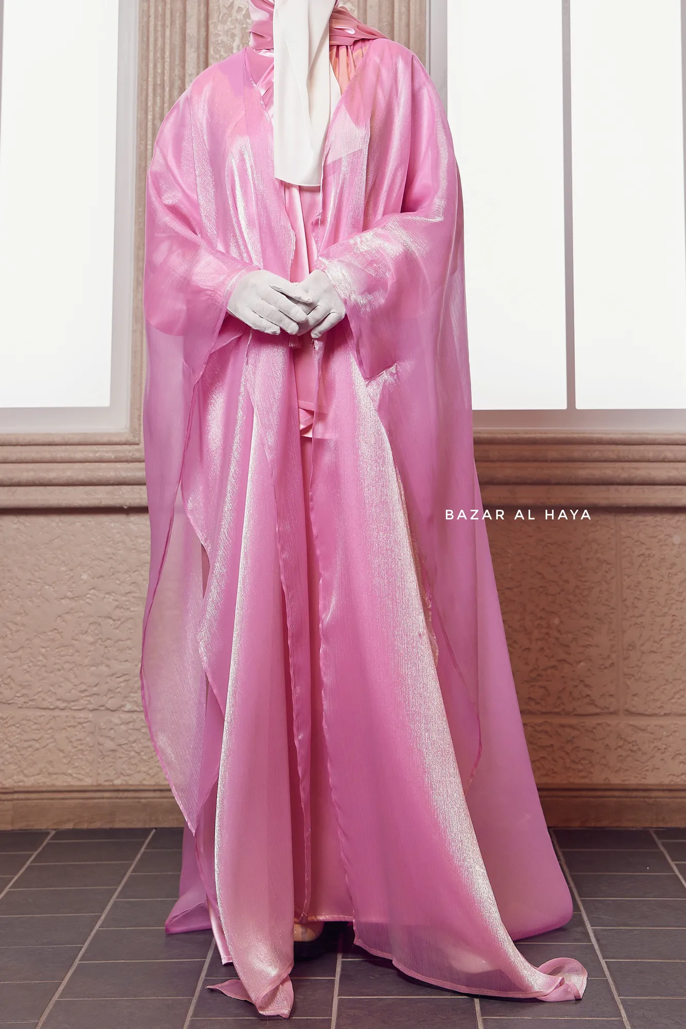 Humaira 3 Piece Abaya Set In Pink Organza Luxurious Kaftan With Inner Dress Scarf