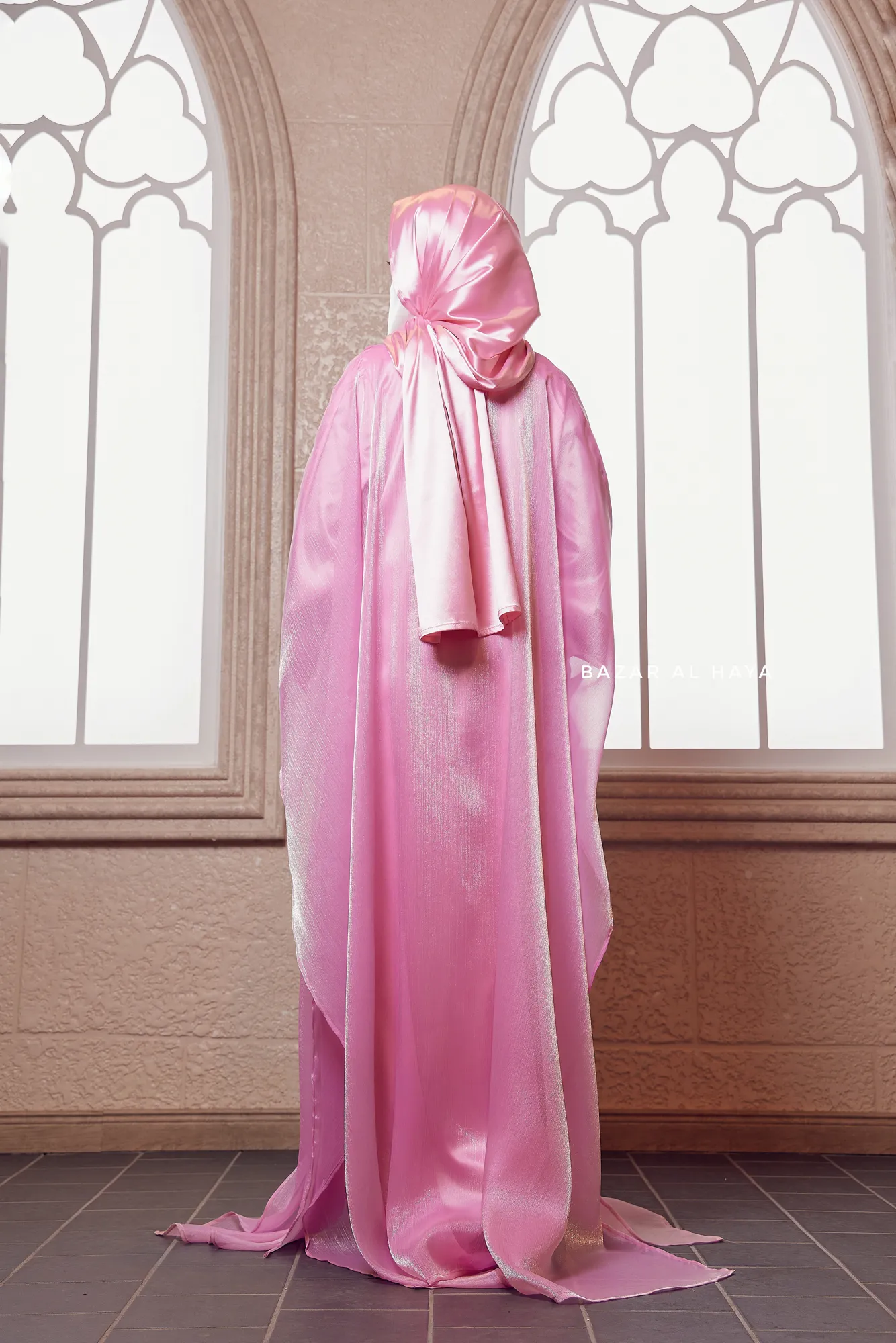 Humaira 3 Piece Abaya Set In Pink Organza Luxurious Kaftan With Inner Dress Scarf