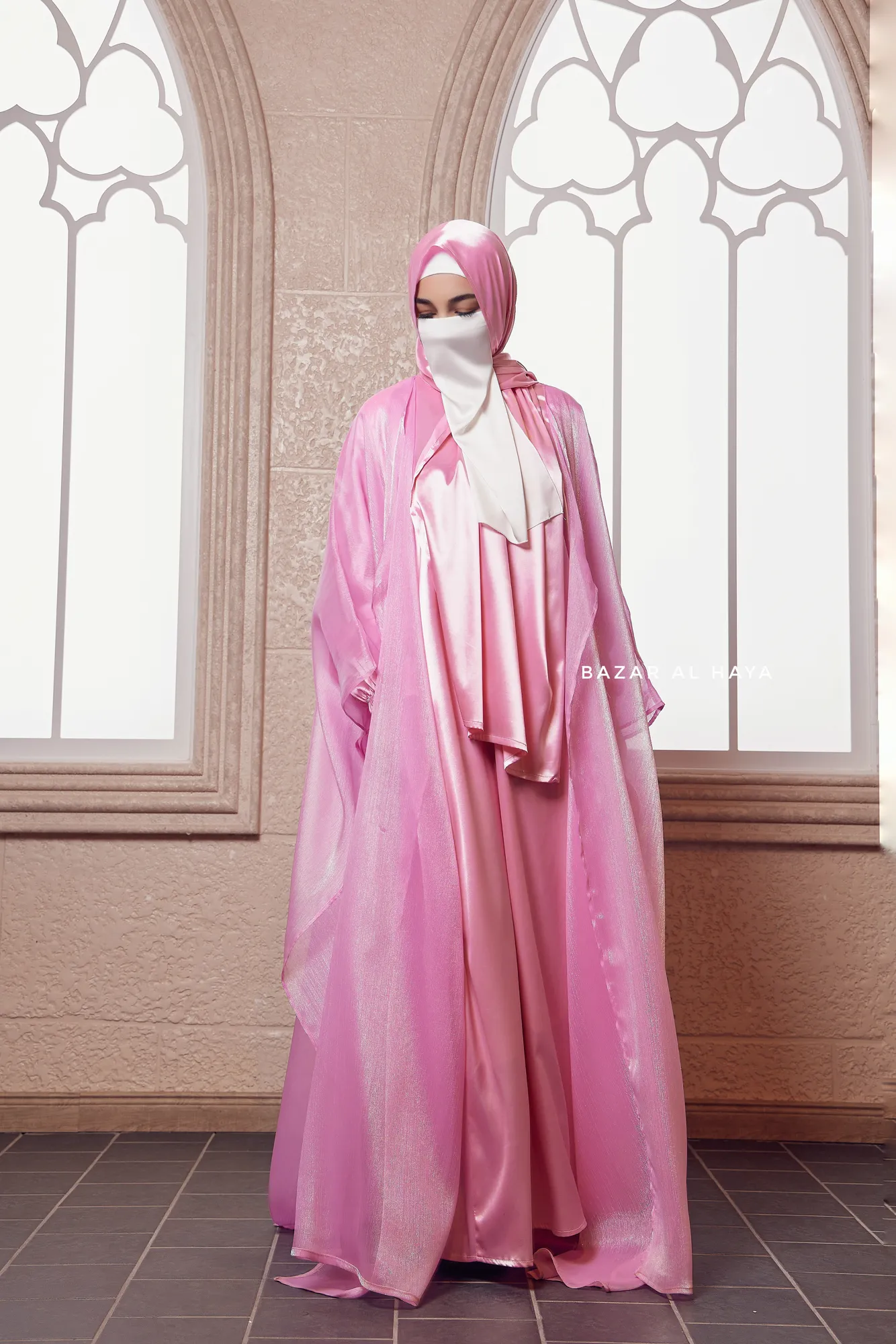 Humaira 3 Piece Abaya Set In Pink Organza Luxurious Kaftan With Inner Dress Scarf