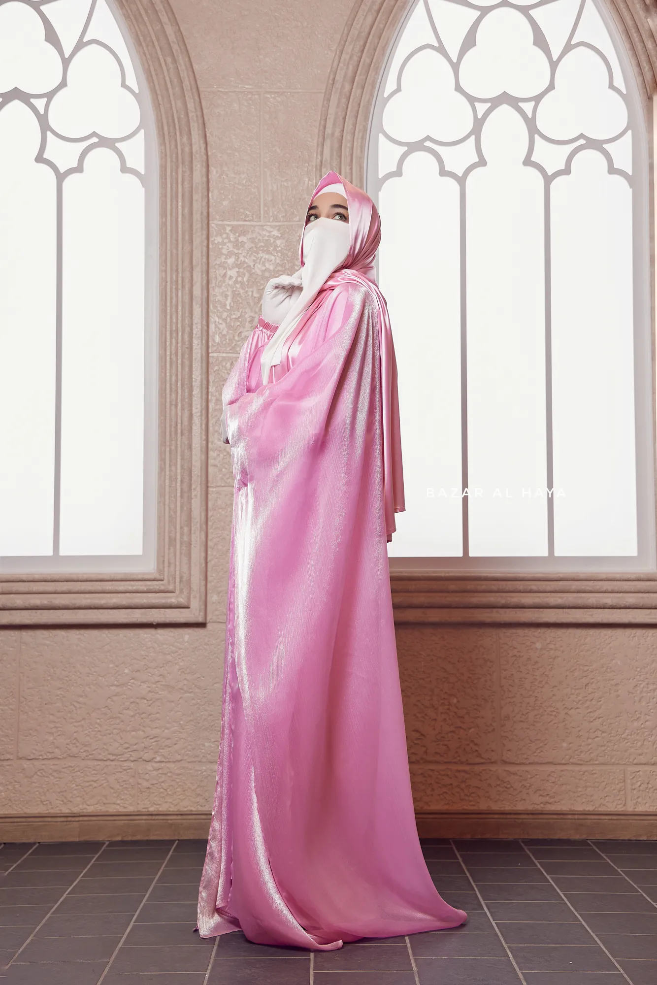 Humaira 3 Piece Abaya Set In Pink Organza Luxurious Kaftan With Inner Dress Scarf