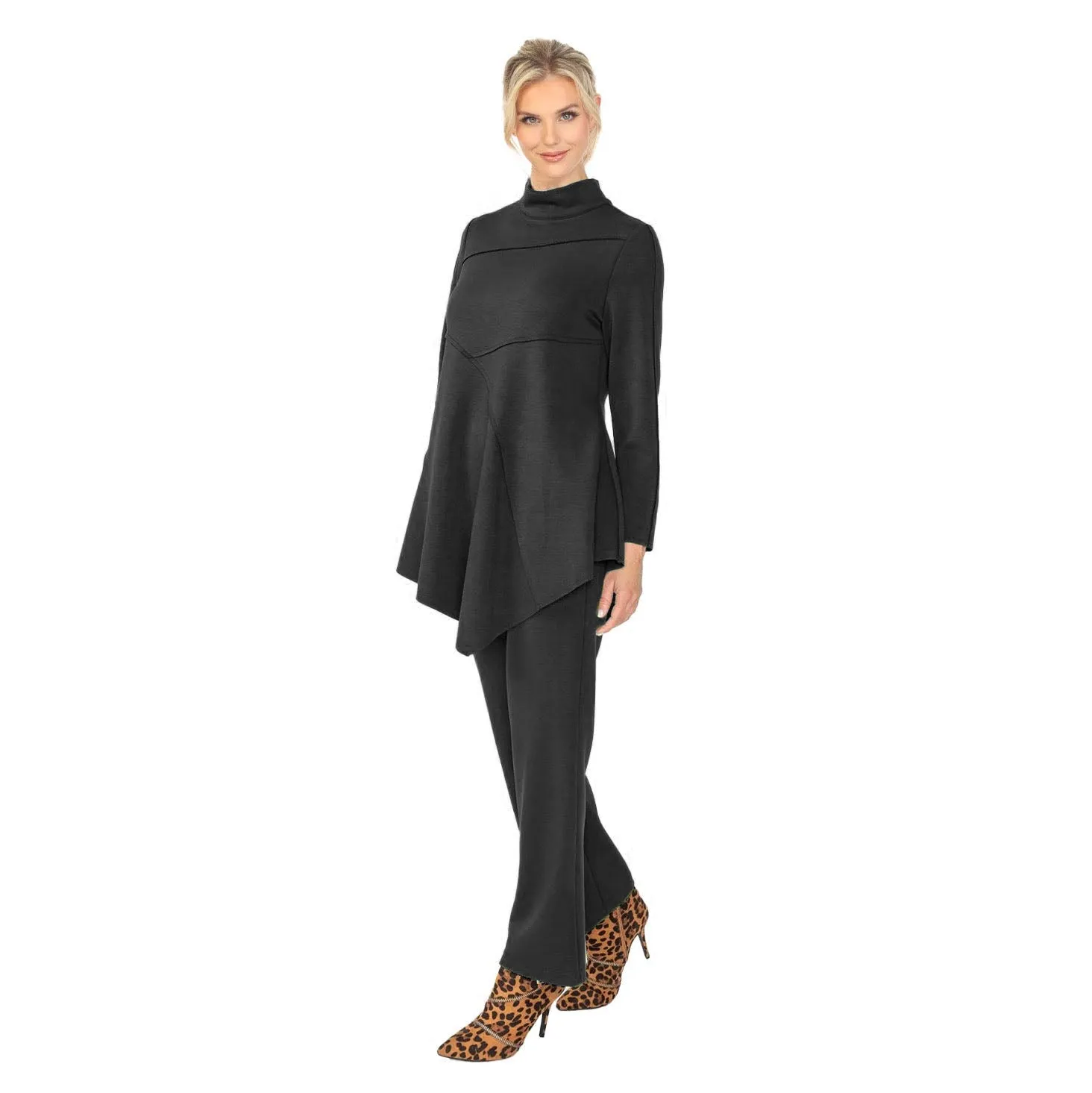 IC Collection Solid High Collar Asymmetric Tunic in Black - 4759T-BLK