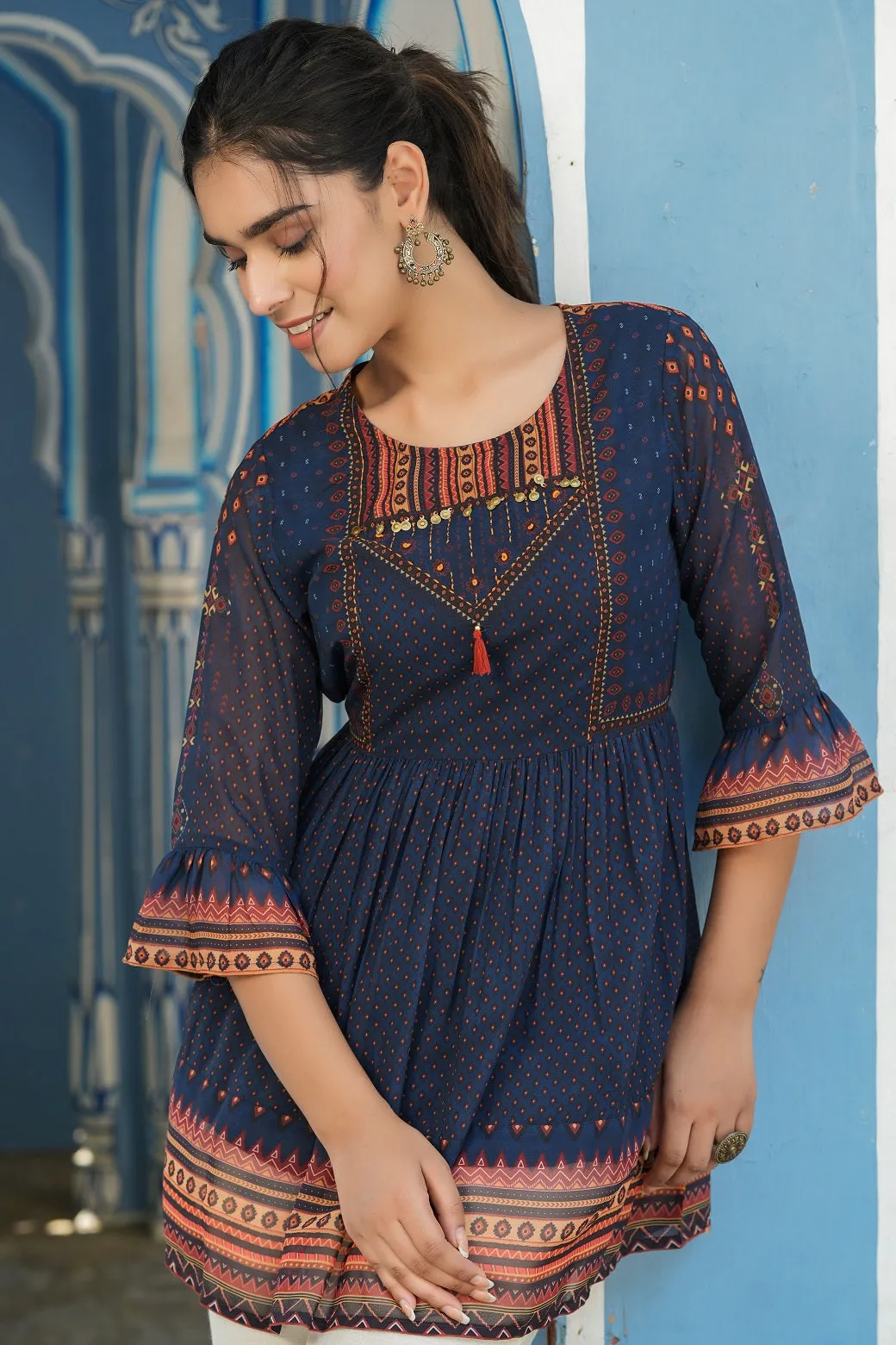 Indigo Georgette Printed Peplum Tunic