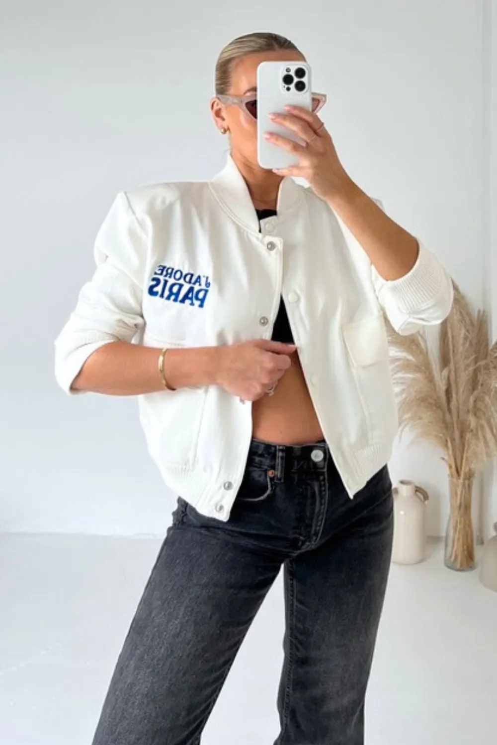 Jadore Paris white and blue embroidered bomber jacket