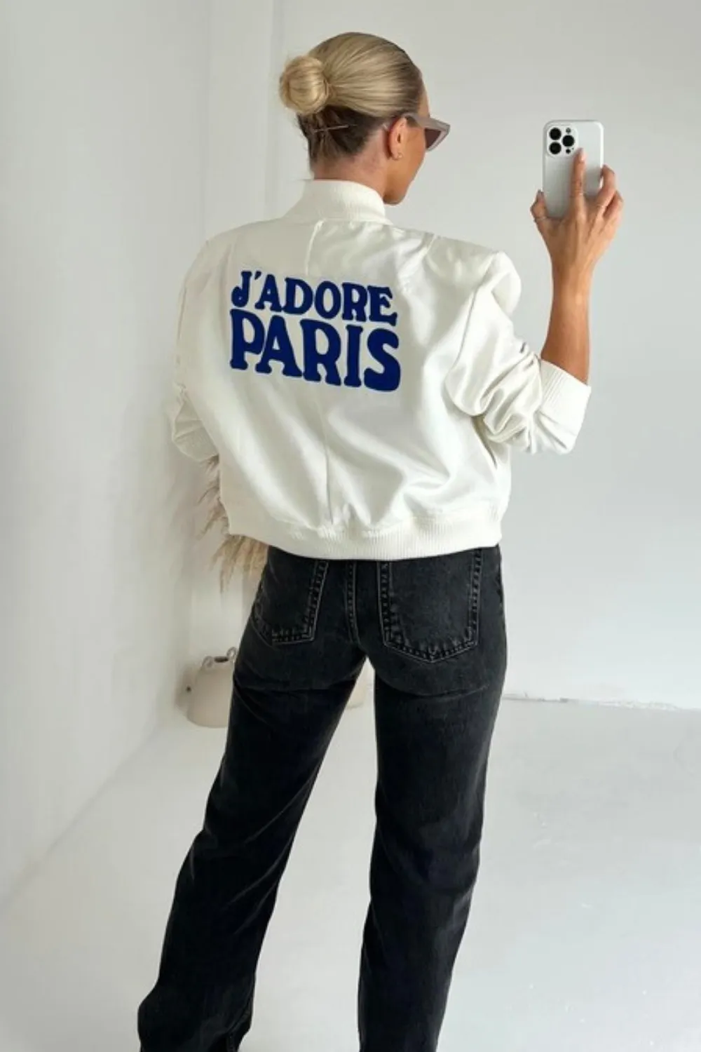 Jadore Paris white and blue embroidered bomber jacket