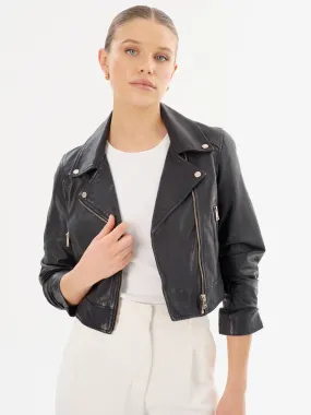 Janika Cropped Leather Jacket in Black