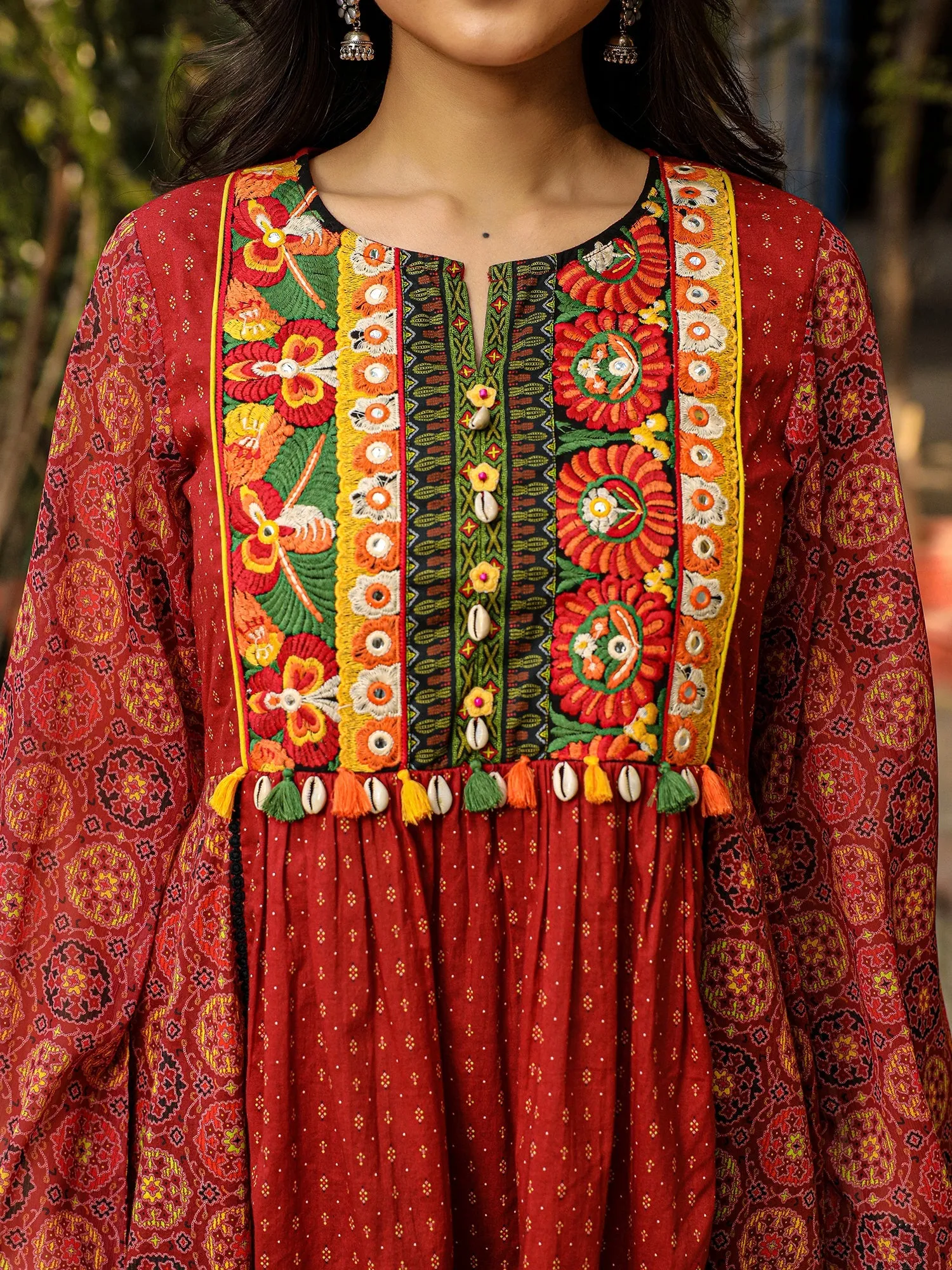 Jashvi Rust Ethnic Motif Printed Cotton & Chiffon Peplum Tunic With Thread Embroidery & Tassels