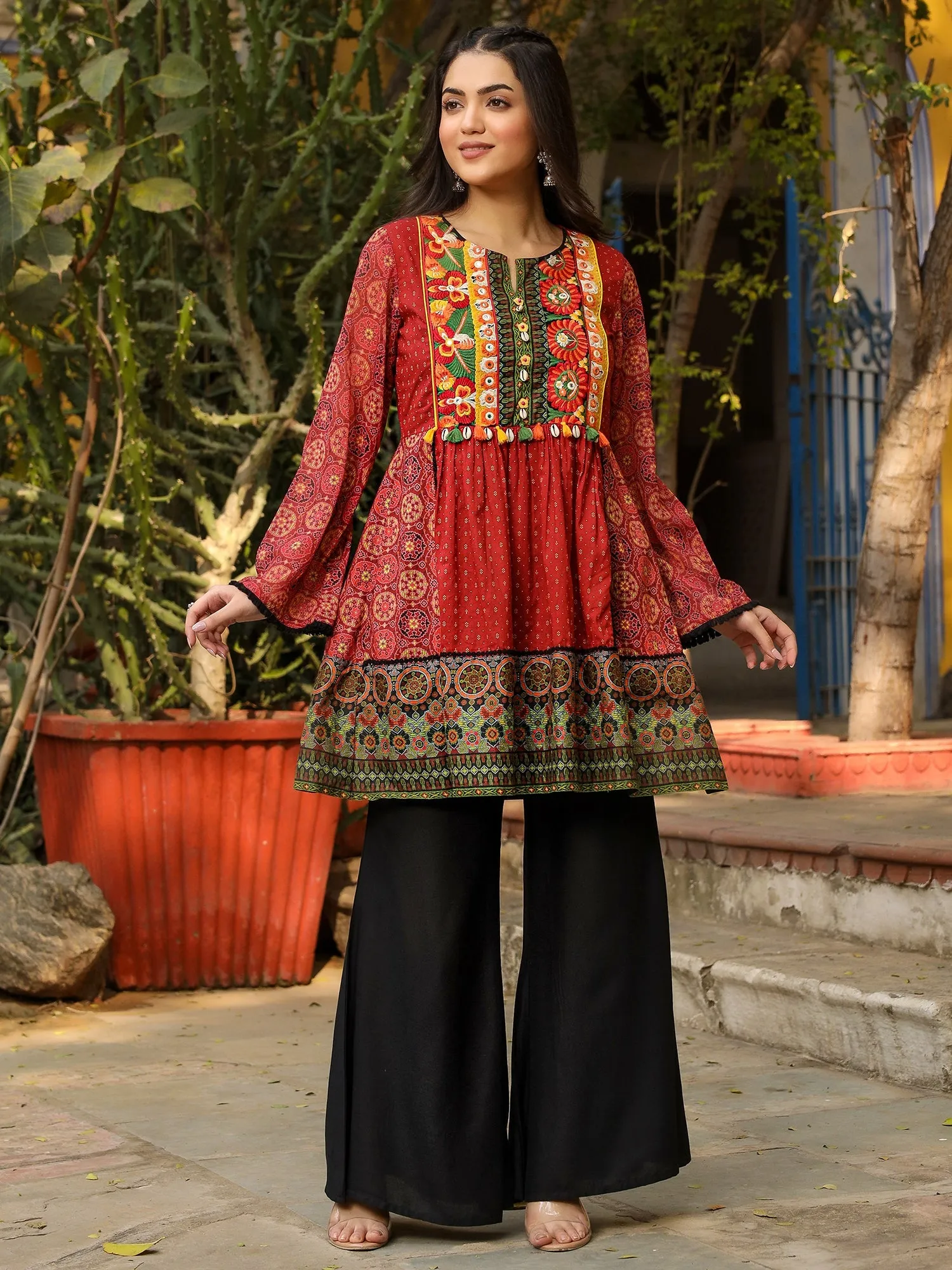 Jashvi Rust Ethnic Motif Printed Cotton & Chiffon Peplum Tunic With Thread Embroidery & Tassels