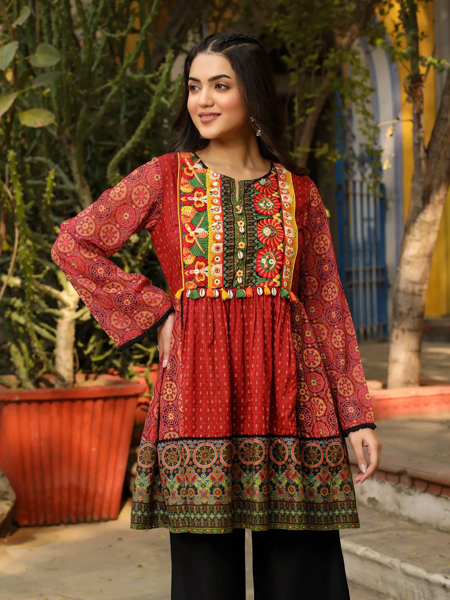 Jashvi Rust Ethnic Motif Printed Cotton & Chiffon Peplum Tunic With Thread Embroidery & Tassels