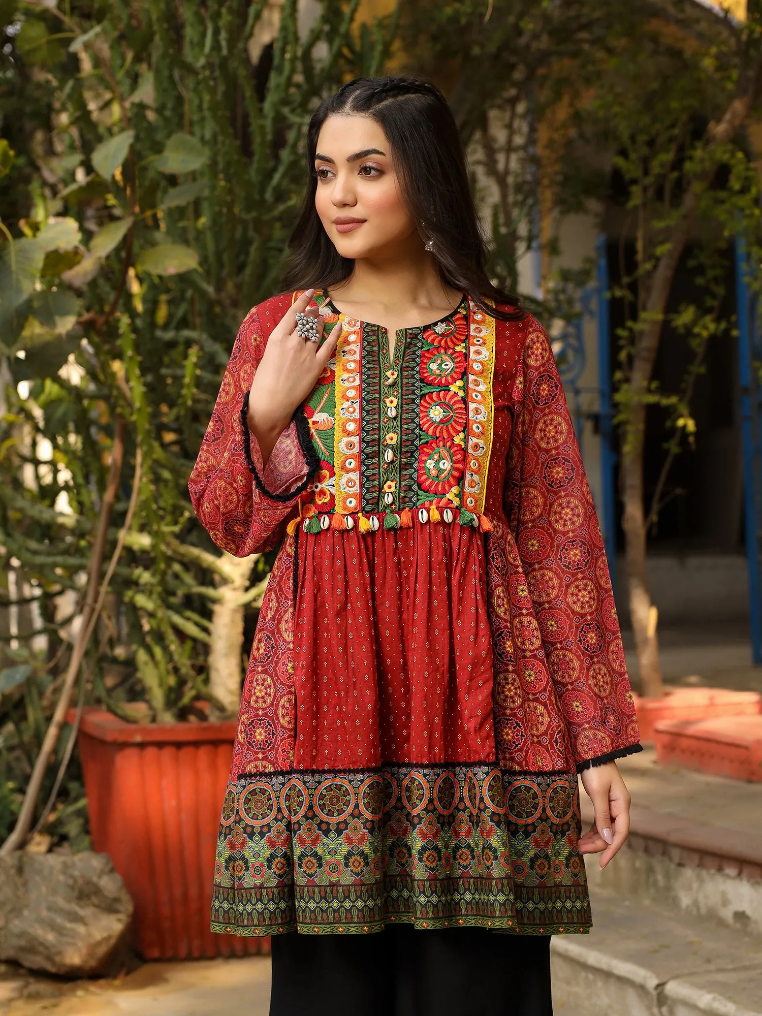 Jashvi Rust Ethnic Motif Printed Cotton & Chiffon Peplum Tunic With Thread Embroidery & Tassels