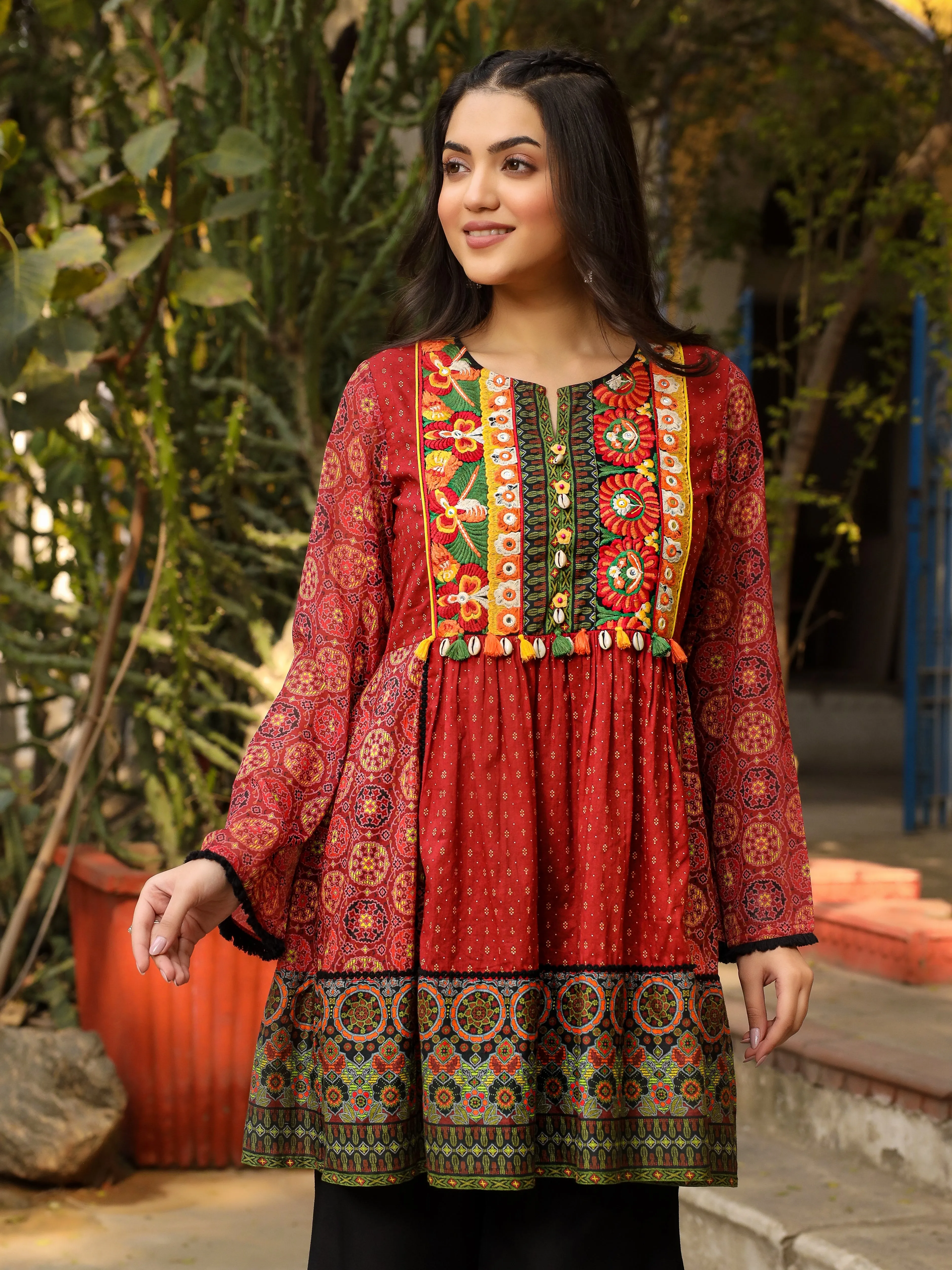 Jashvi Rust Ethnic Motif Printed Cotton & Chiffon Peplum Tunic With Thread Embroidery & Tassels