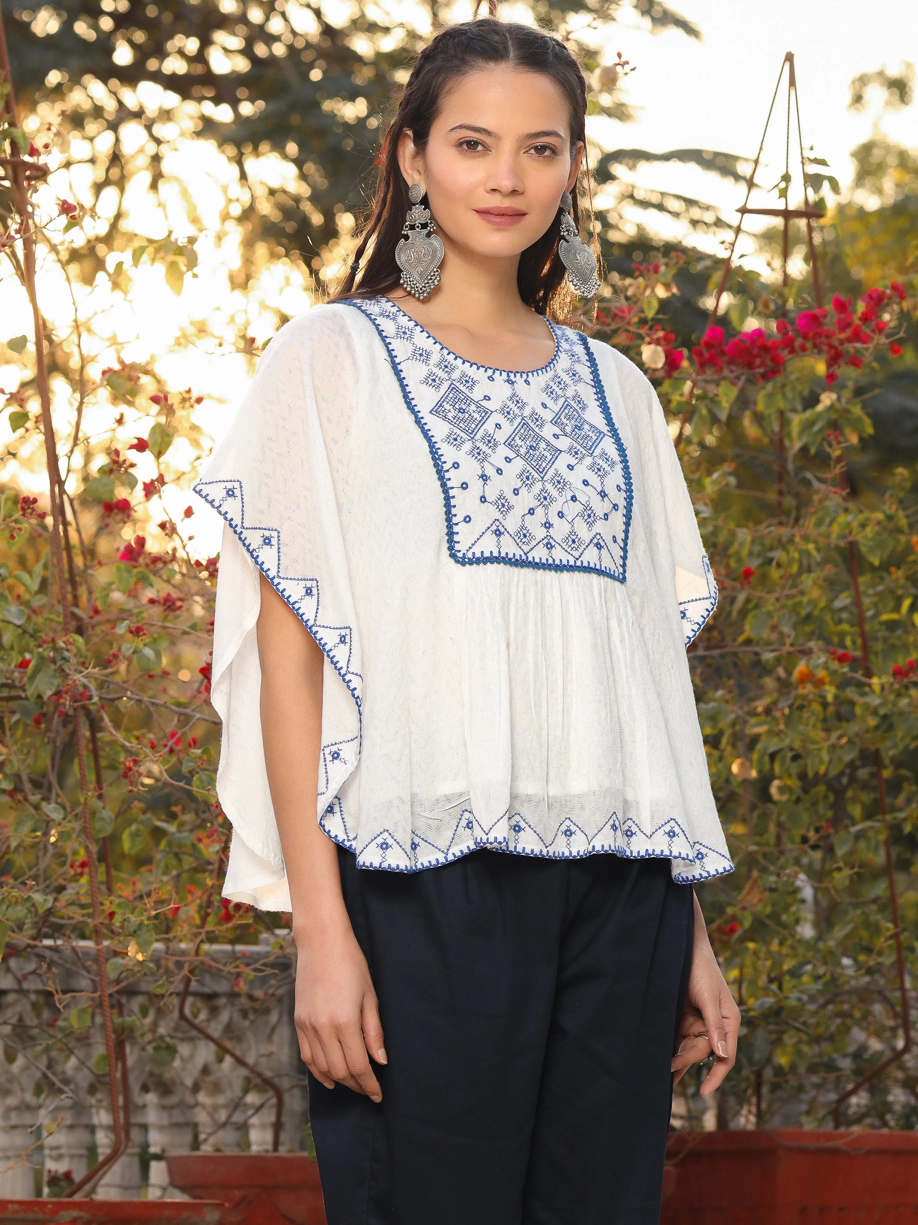 Jashvi White Viscose Dobby Kaftan Tunic With Blue Thread Embroidery