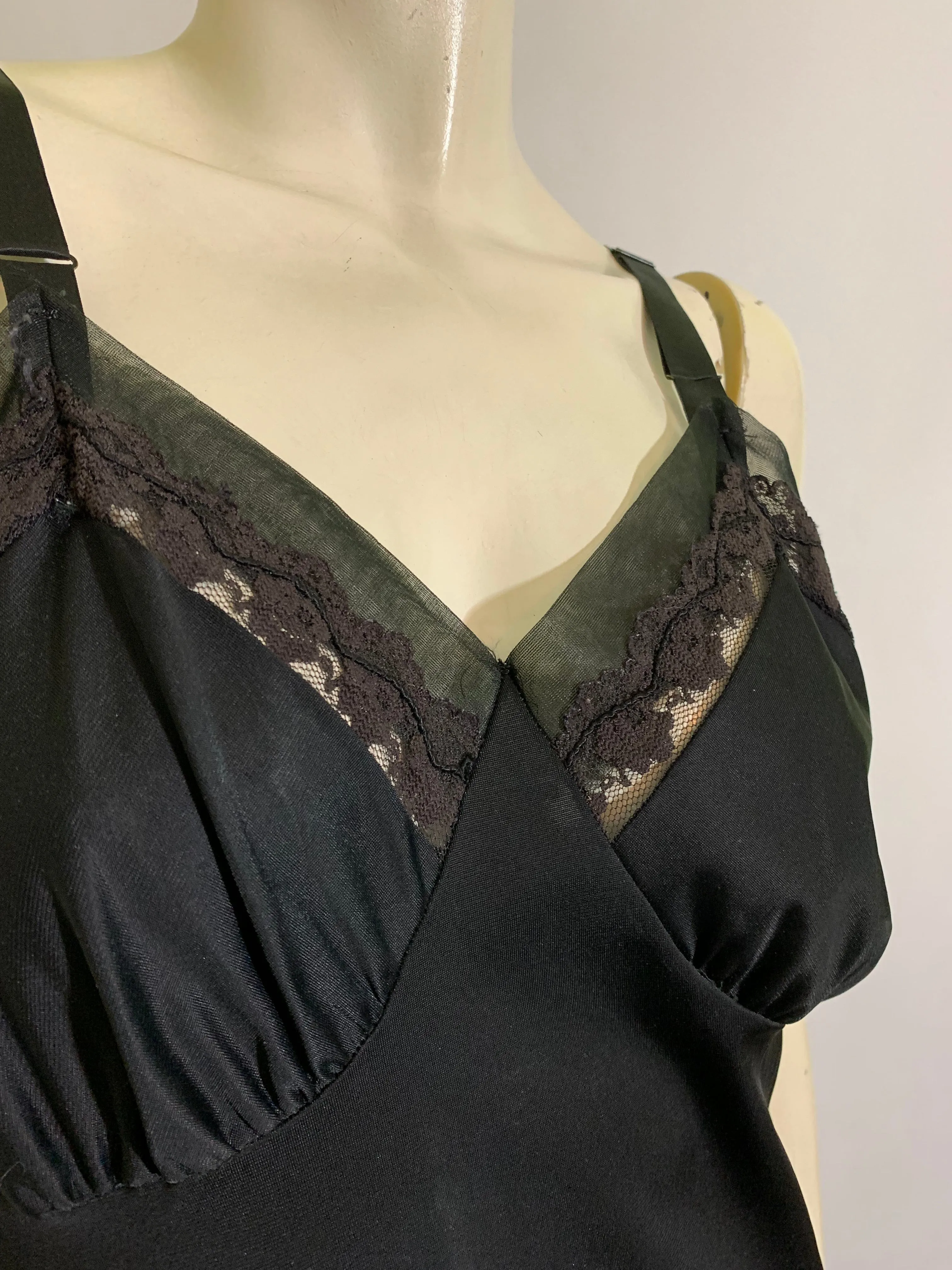 Jet Black Nylon Full Slip with Chiffon Trim circa 1960s 36