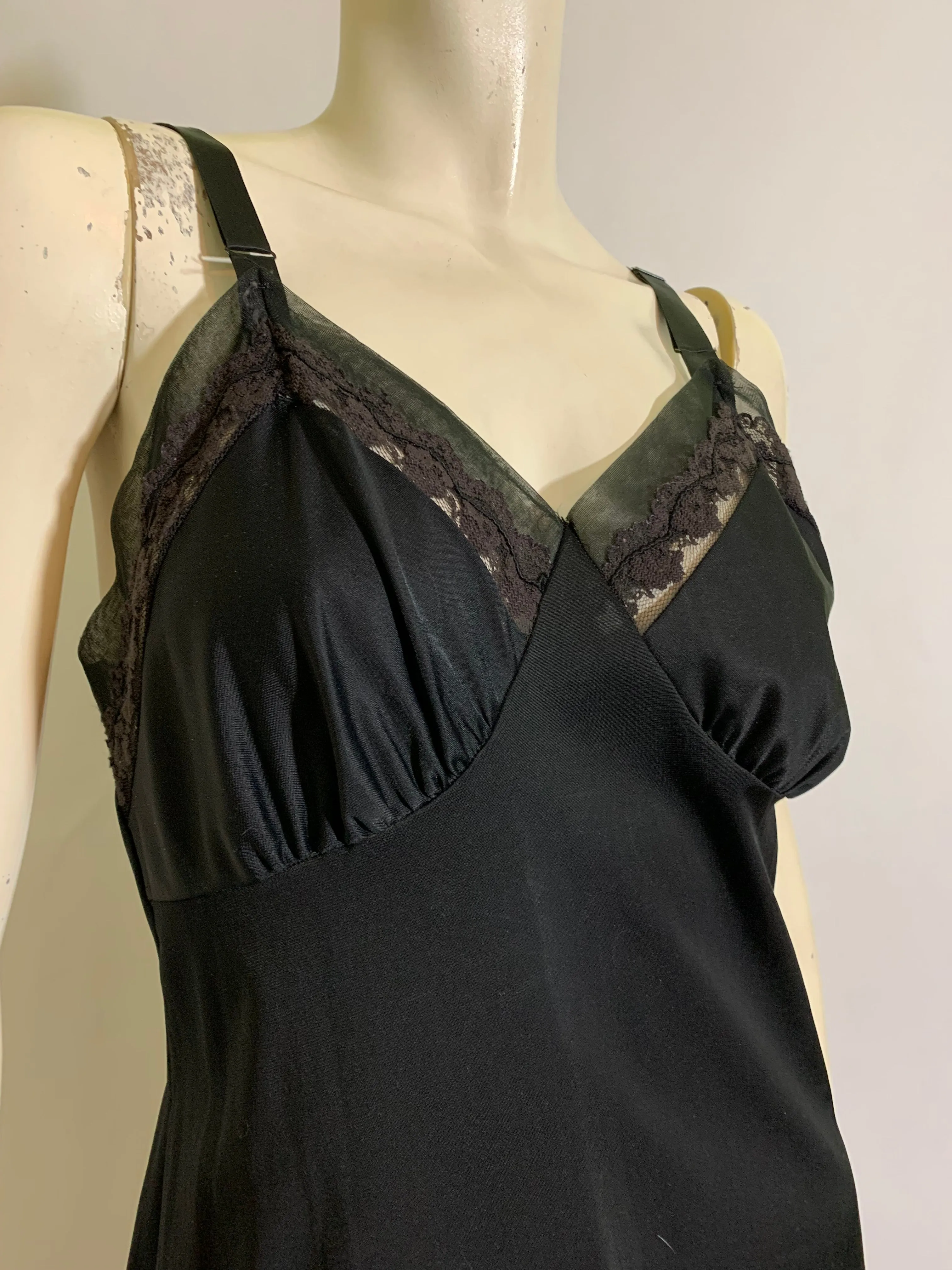 Jet Black Nylon Full Slip with Chiffon Trim circa 1960s 36