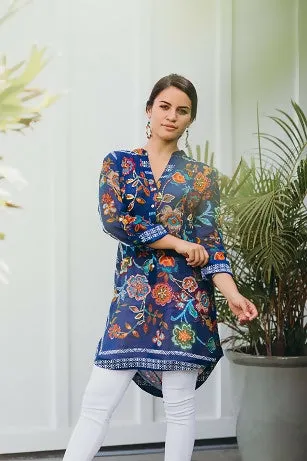 KikiSol Artisan Royal Blue Embellished Floral Tunic