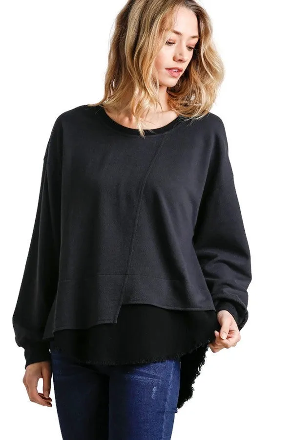 Layered Frayed Hem Top, Black