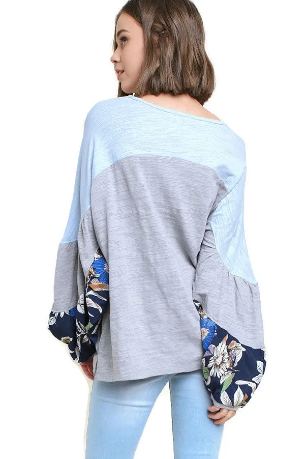 Leaf Puff Sleeve Colorblock Top, Grey