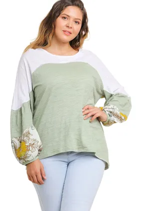 Leaf Puff Sleeve Colorblock Top, Sage