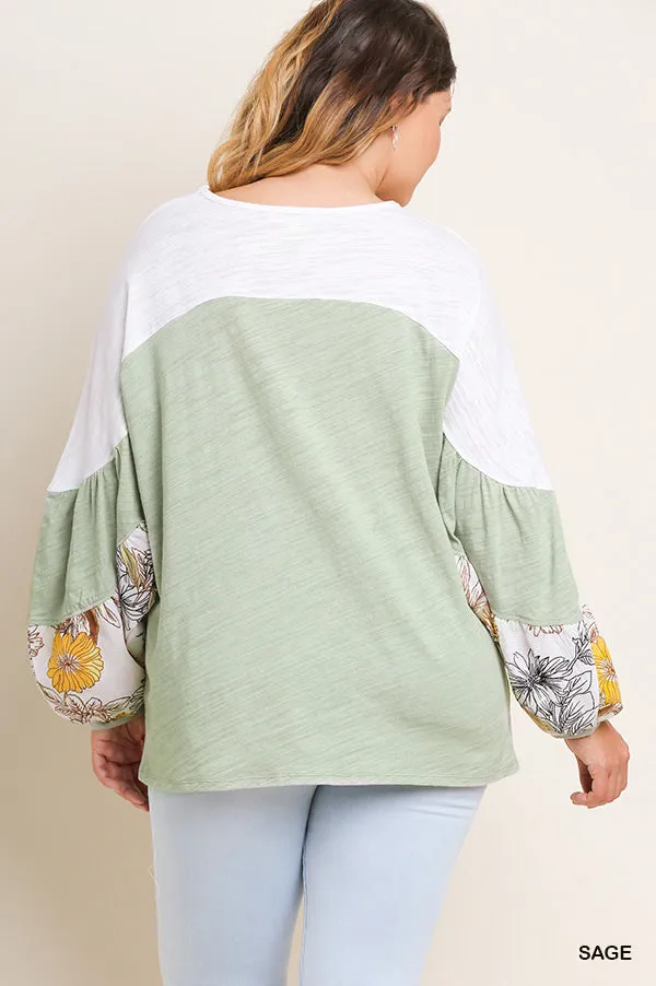 Leaf Puff Sleeve Colorblock Top, Sage