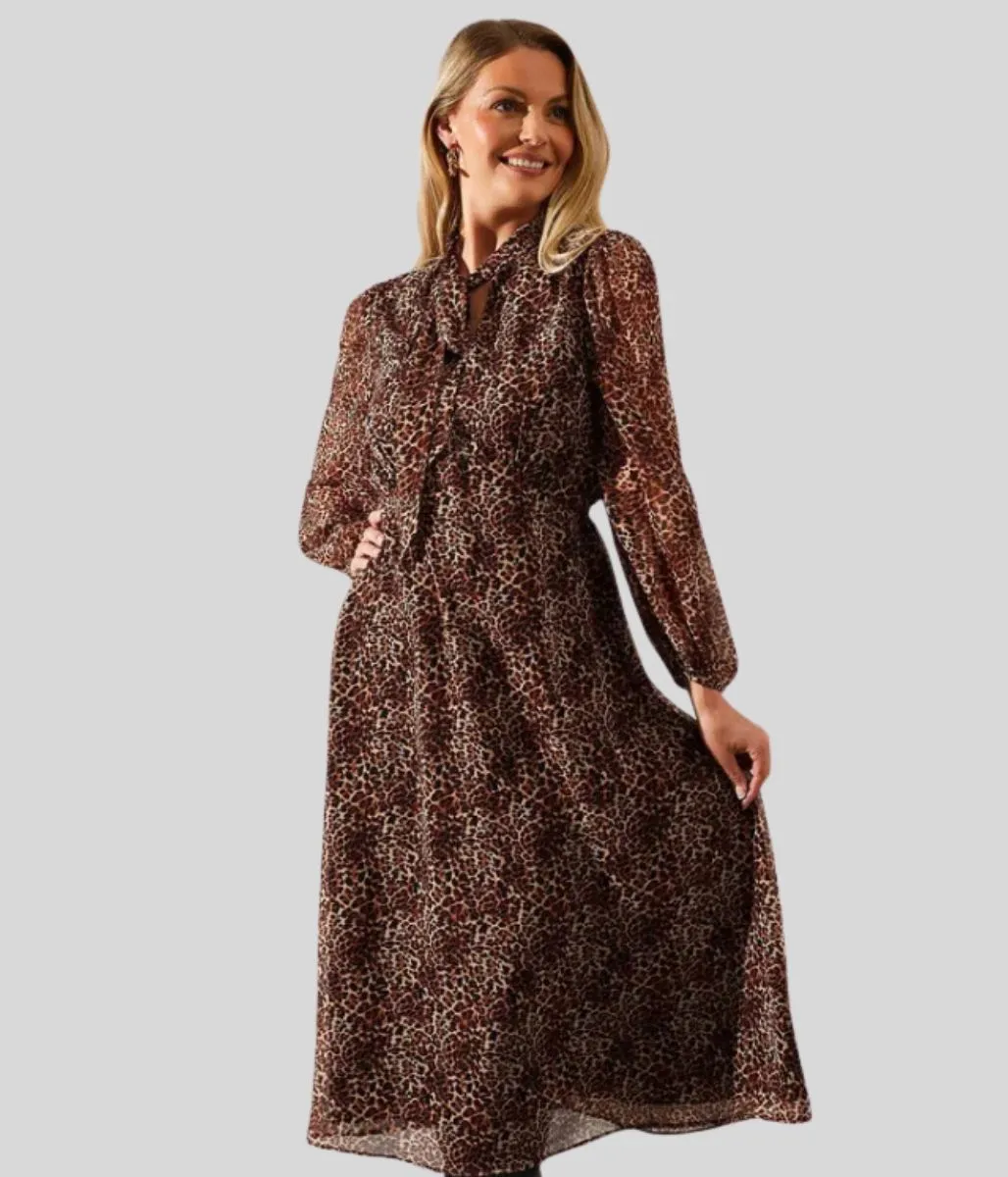 Leopard Print Chiffon Tie Neck Midi Dress