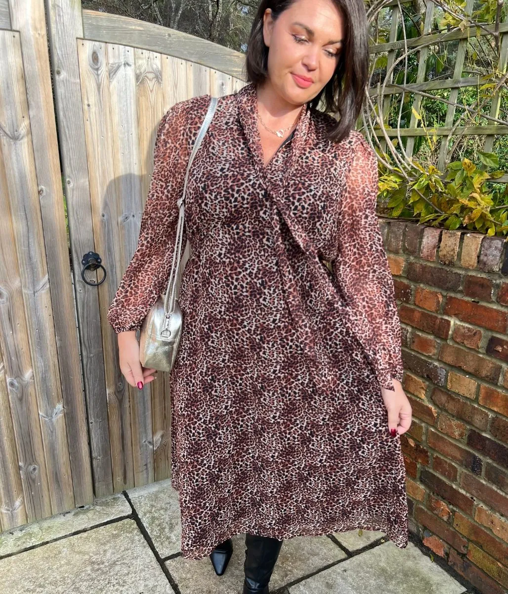 Leopard Print Chiffon Tie Neck Midi Dress