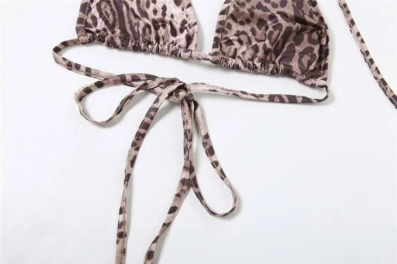 Leopard print halter self tie 3 piece mini skirt set