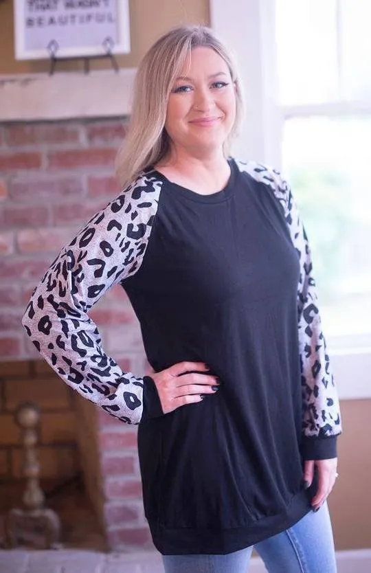 Leopard Raglan Top, Black