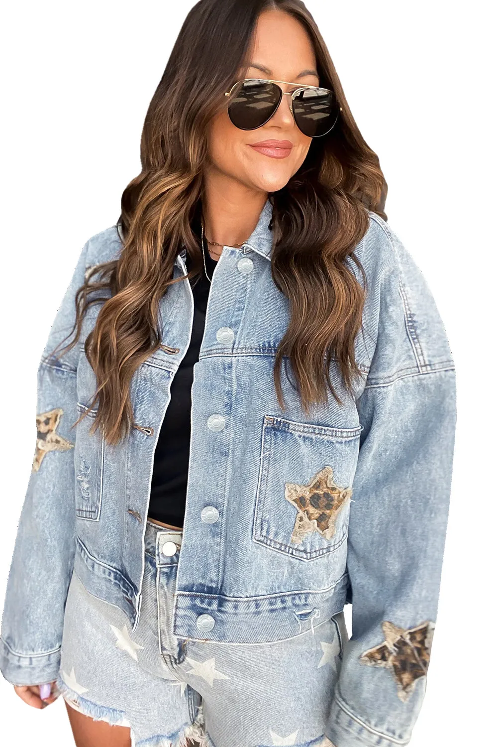 Leopard Star Distressed Cropped Denim Jacket